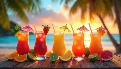 Fototapeta premium Row of tropical cocktails on wooden table. Beach background with palm trees and ocean sunset. Colorful drinks with fruit garnishes and ice, perfect for vacation.