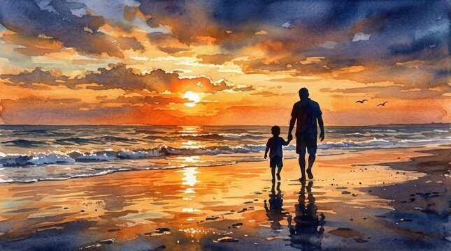 Father's day sunset walk a heartwarming beach moment with dad and son