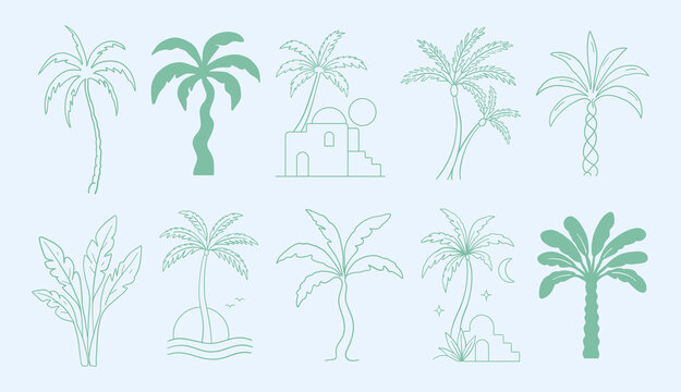 palm tree icon set, hand drawn tropical doodle line art elements and minimal silhouettes collection, simple palm trees for logo design, tattoo, branding travel, beach, summer, vacation, t shirt vector