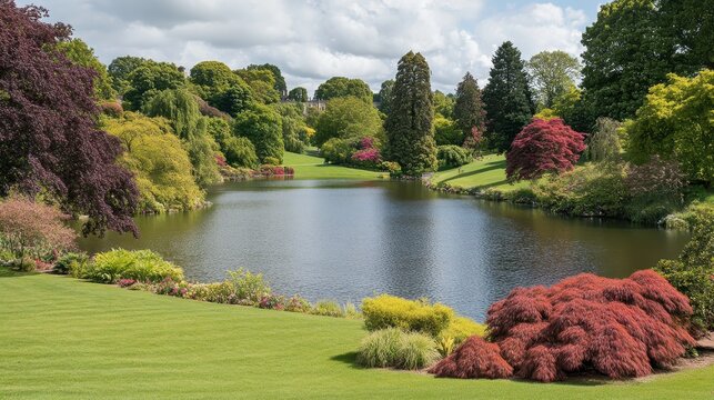 A serene lake surrounded by vibrant greenery and colorful trees on a bright sunny day