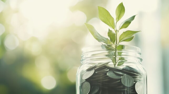 A seedling plant growing from a jar filled with coins, symbolizing financial growth and savings.
