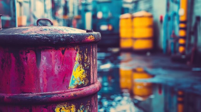 Close-up of a weathered, vibrant red and yellow hazardous waste drum at an industrial site with soft lighting