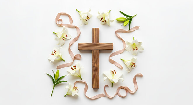 Wooden cross centered among white lilies and elegant pink ribbons on white, Christian faith symbol, Easter Sunday celebration, spiritual hope, resurrection, religious flat lay.