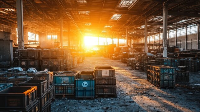 Abandoned Warehouse Interior Bathed in Dramatic Sunlight With Stacks of Old Crates