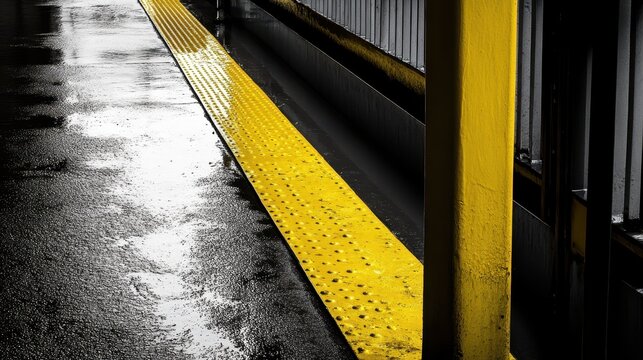 Bold yellow caution strip on wet urban platform with high contrast textures