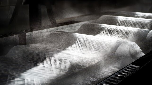 Close-up of textured paper sheets moving through industrial printing press machinery with dramatic studio lighting