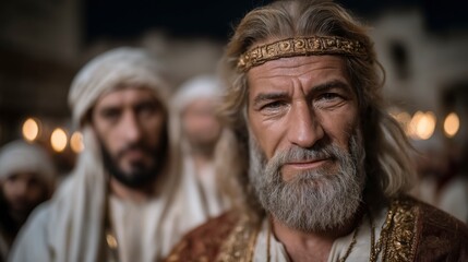 Fototapeta premium A majestic biblical scene of Solomon standing within the newly completed temple in Jerusalem, surrounded by priests and worshippers as sunlight shines through the sacred hall, revealing splendor, reve