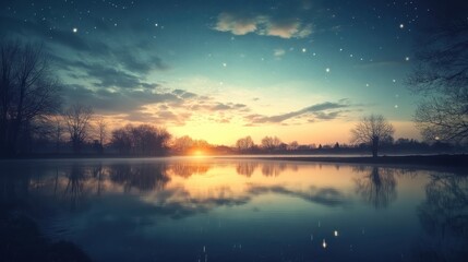 Fototapeta premium A tranquil lake at dusk with starlit reflections creating a magical scene, soft light enhancing the peaceful atmosphere.