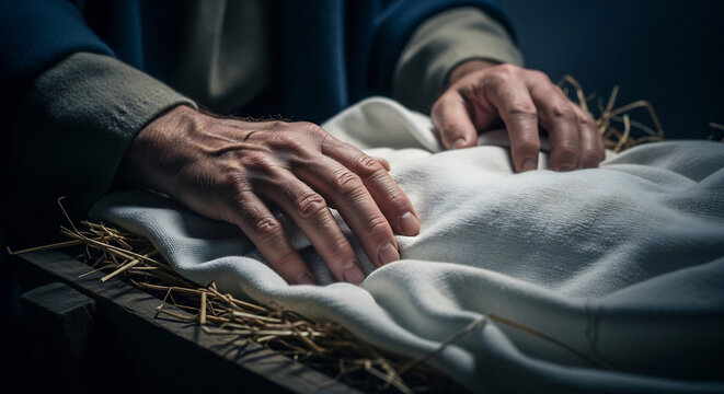 Weathered hands of Joseph resting on a straw manger with white linen, Nativity scene close-up, religious Christmas concept, birth of Jesus, humble stable setting, cinematic mood.
