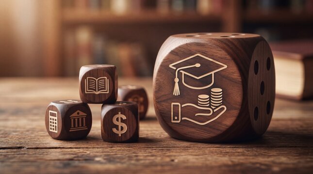 Fafsa application concept with education funding and graduation symbols on wooden table