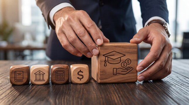 Hand arranging fafsa financial aid blocks with education and money symbols
