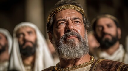 Obraz premium A majestic biblical scene of Solomon standing within the newly completed Temple in Jerusalem, surrounded by priests and worshippers as sunlight fills the sacred hall with reverence and glory. 