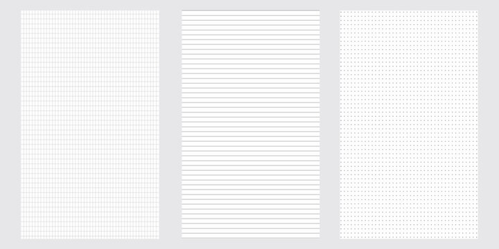 Set of blank sheets of lined, square grid and dotted paper in a5 format. Paper templates for notes, writing, sketching, and journaling. Ideal for school, office and work. Vector illustration