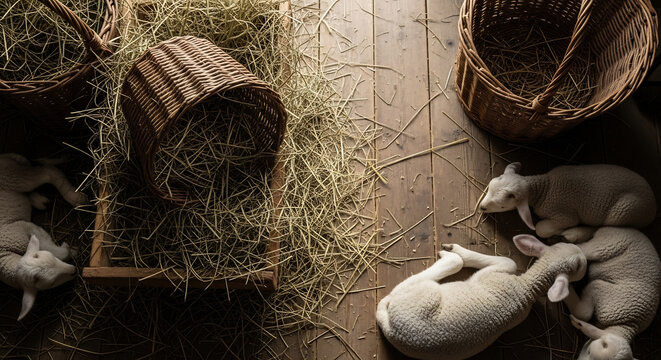 Lambs resting in a rustic barn with straw and wicker baskets, symbolic nativity scene atmosphere, humble stable setting, biblical peace, and innocent sheep on a wooden floor.