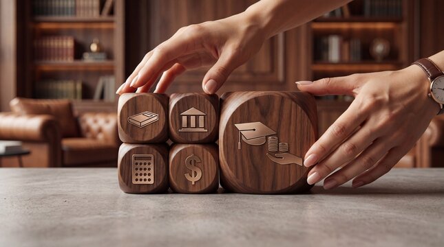 Hands arranging wooden blocks with financial and education symbols, FAFSA concept