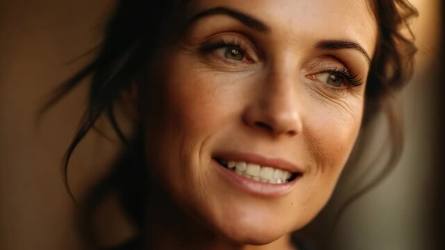 Tracking shot close up of woman speaking opening mouth and smiling in warm indoor portrait studio with soft golden lighting