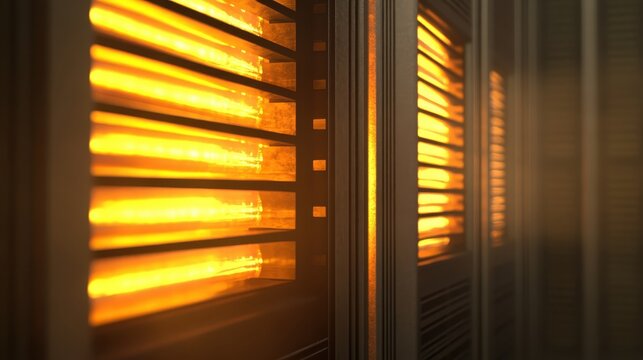 Illuminated Server Cooling System Racks with Warm Orange Glow in a Modern Data Center