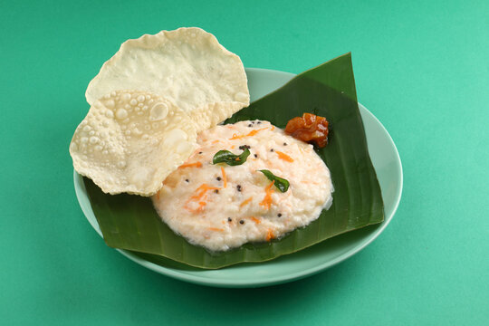 Carrot Curd rice with mango pickle and appalam - Part of South Indian lunch