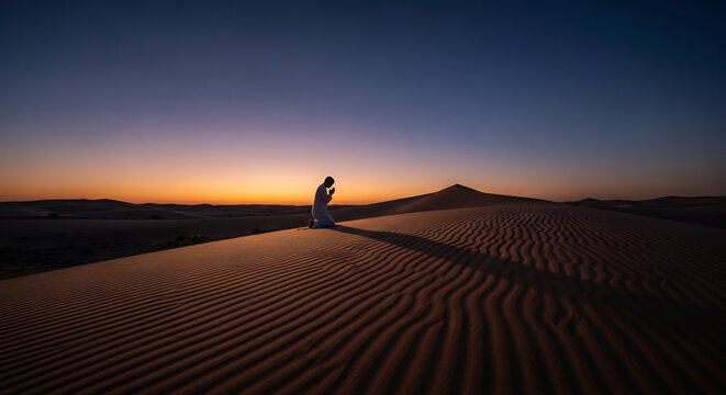 Man in white thobe praying on desert sand dunes at sunset, spiritual Islamic worship, peaceful solitude, religious devotion, serene meditation in nature, middle eastern landscape.