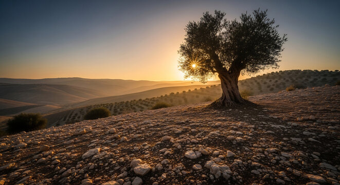 Ancient olive tree at sunset on rocky Mediterranean hillside, spiritual biblical landscape, symbol of peace and faith, sunrays through branches, holy land heritage, resilience.