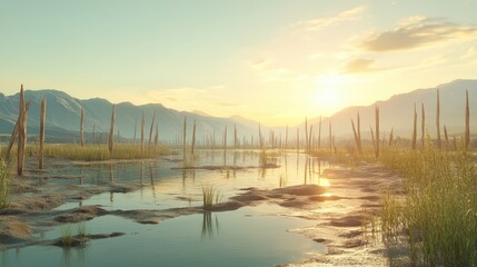Obraz premium Damaged wetland ecosystem reflecting sunlight with decaying vegetation and visible pollution effects under a hazy sky.