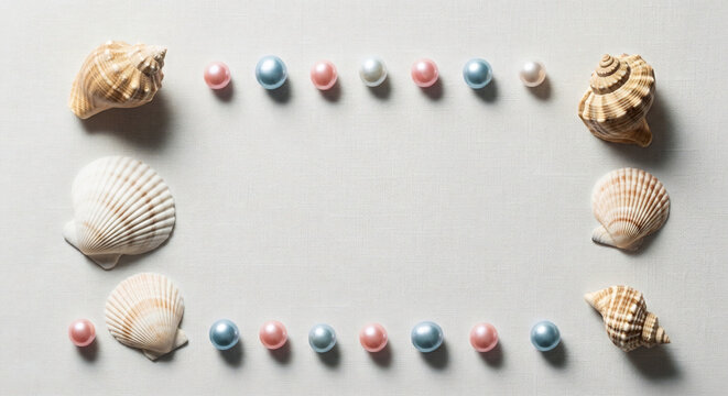 Shells and colorful pearls arranged in a frame on textured background, nautical flat lay with empty center for text, ocean theme border, elegant coastal summer concept.