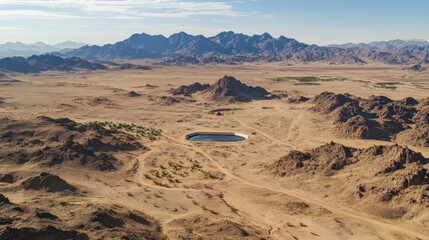 Fototapeta premium Dry water reservoir in a vast arid desert landscape under harsh sunlight with mountains in the background, representing environmental crisis