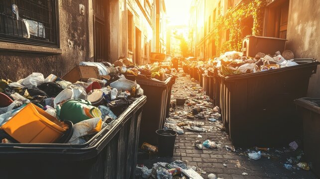Overflowing garbage bins on a sunlit urban street, highlighting the stark reality of overconsumption and waste.