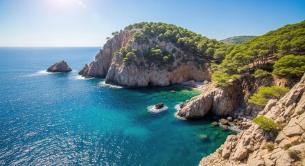 Fototapeta premium Mediterranean coastal cliffs with turquoise sea and pine trees