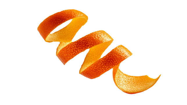 A single spiral orange zest peel twists elegantly in the air on transparent background
