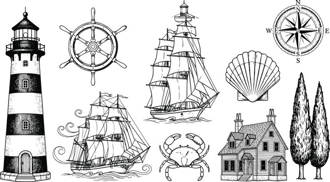 Vintage nautical illustration set with lighthouse sailing ships compass wheel seashell coastal house and marine elements engraving style