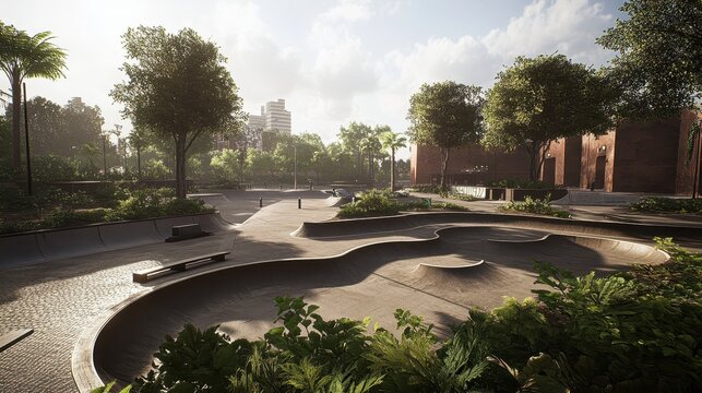 Serene Skatepark Scene with Dynamic Angles and Evening Sunlight, Ideal for Urban Recreation and Lifestyle.