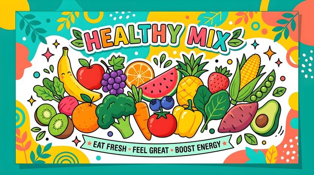 Playful Healthy Mix Doodle Illustration with Hand-Drawn Vegetables and Fruits in Colorful Cartoon Style