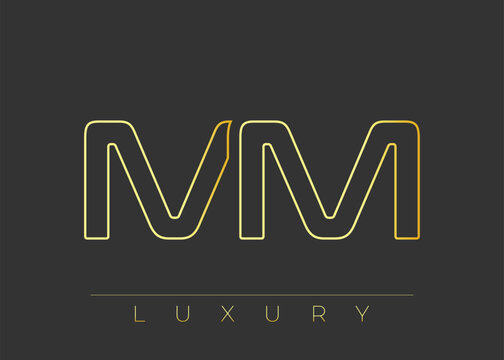 MM Luxury Modern Interlocking Letter Logo Design. Luxury Monogram Logo With Gold Outline On dark Background, Elegant Minimal Branding Mark.