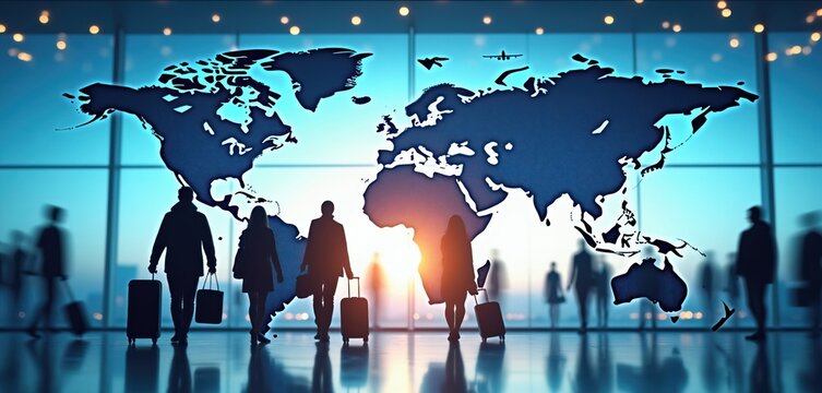People with luggage walk through airport terminal with world map on window. Plane flies overhead, symbolizing global travel and adventure. This concept illustrates journeys.