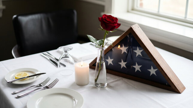 POW MIA remembrance table set with single place setting folded flag and rose centerpiece, symbolic still life close arrangement, ceremonial 3
