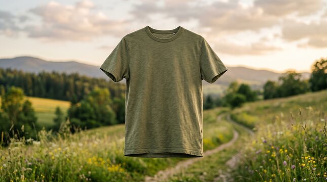 A green t-shirt floats in a serene landscape with a winding path through a field.