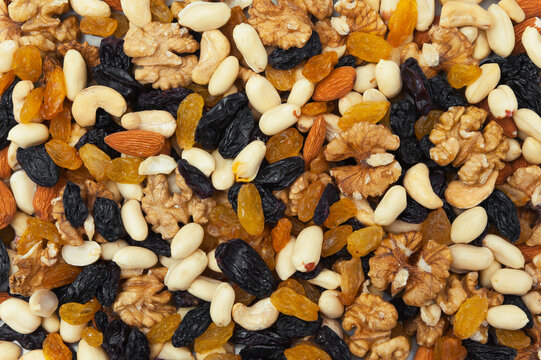 Mix of nuts and dried fruits. Background and texture with a top view.