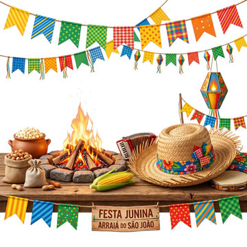Festa junina celebration with bonfire, straw hat, accordion, corn, peanuts, and festive decorations, isolated on transparent background