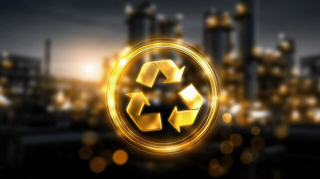 Glowing recycling symbol over refinery skyline at night, golden holographic emblem floats above blurred industrial plant with bokeh lights, cinematic moody