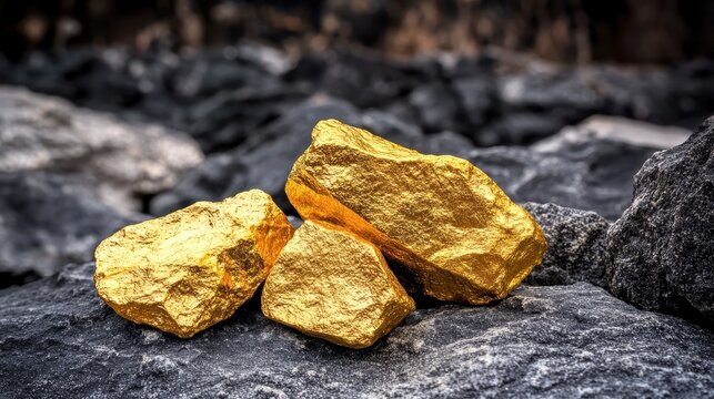 Three Lustrous Gold Nuggets Resting on Rough, Dark Rocks Showcasing Precious Metal Value