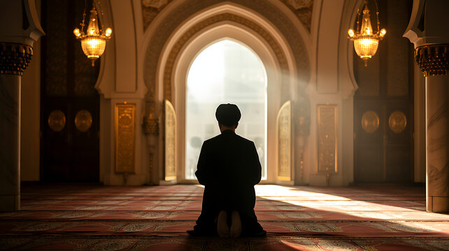 Man praying in a mosque with sunbeams Islamic religion