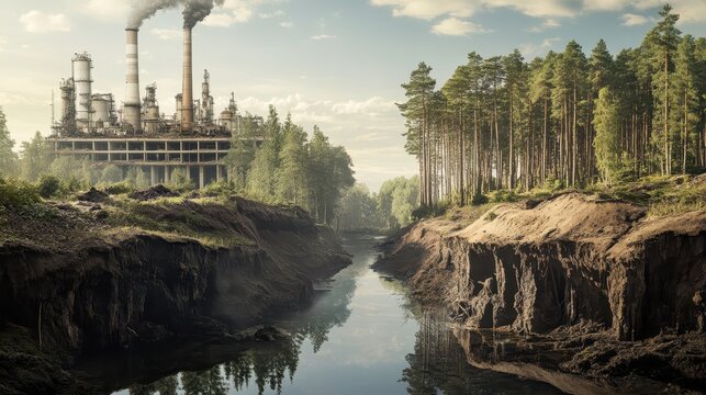 Industrial pollution encroaching upon a natural forest landscape with a flowing river