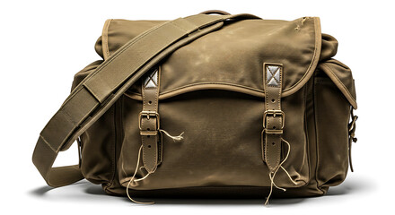 Naklejka premium Classic rugged canvas messenger bag with durable strap and secure buckle closures, professionally isolated on a clean white background