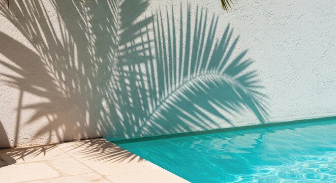 Palm leaf shadow on white wall by blue swimming pool