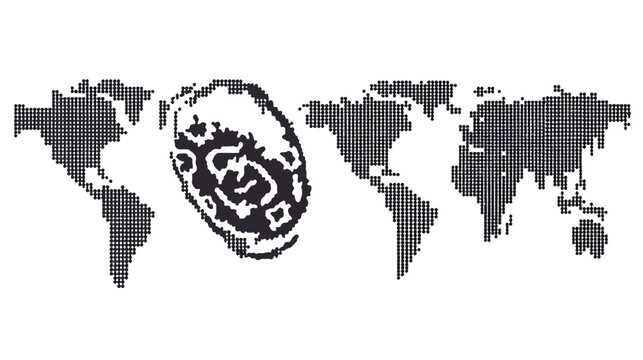 A stylized map of the world with the continents rendered as dot patterns and a central oval design