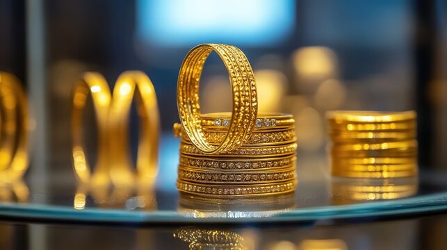 Stack of exquisite gold bangles with intricate patterns displayed on a glass pedestal under soft lighting