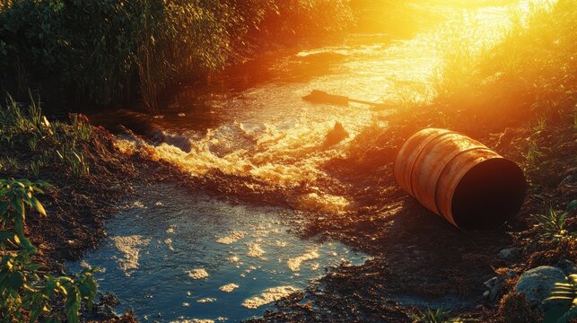 Polluted river water contaminated with toxic industrial waste flowing near a dam under harsh sunlight
