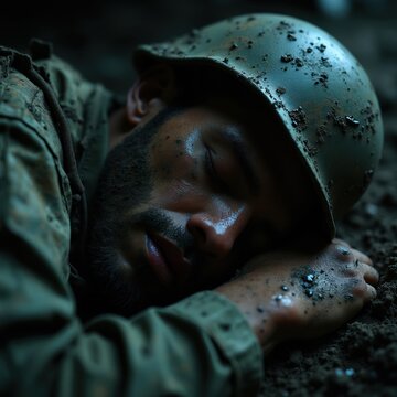 Soldier slepic on dark muddy ground wearing helmet. Exhausted man in uniform rests after battle. Tired warrior dreams, needs peace, relief from combat fatigue and wartime.