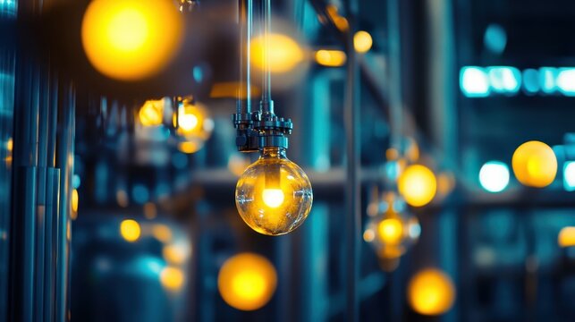 Vintage Industrial Edison Bulb Hanging in Modern Interior Lighting Display with Warm Yellow Glow and Soft Focus Background